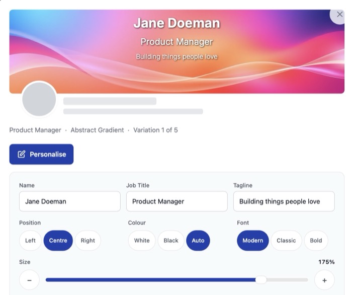 Personalise panel showing name, job title, and style controls on a LinkedIn banner
